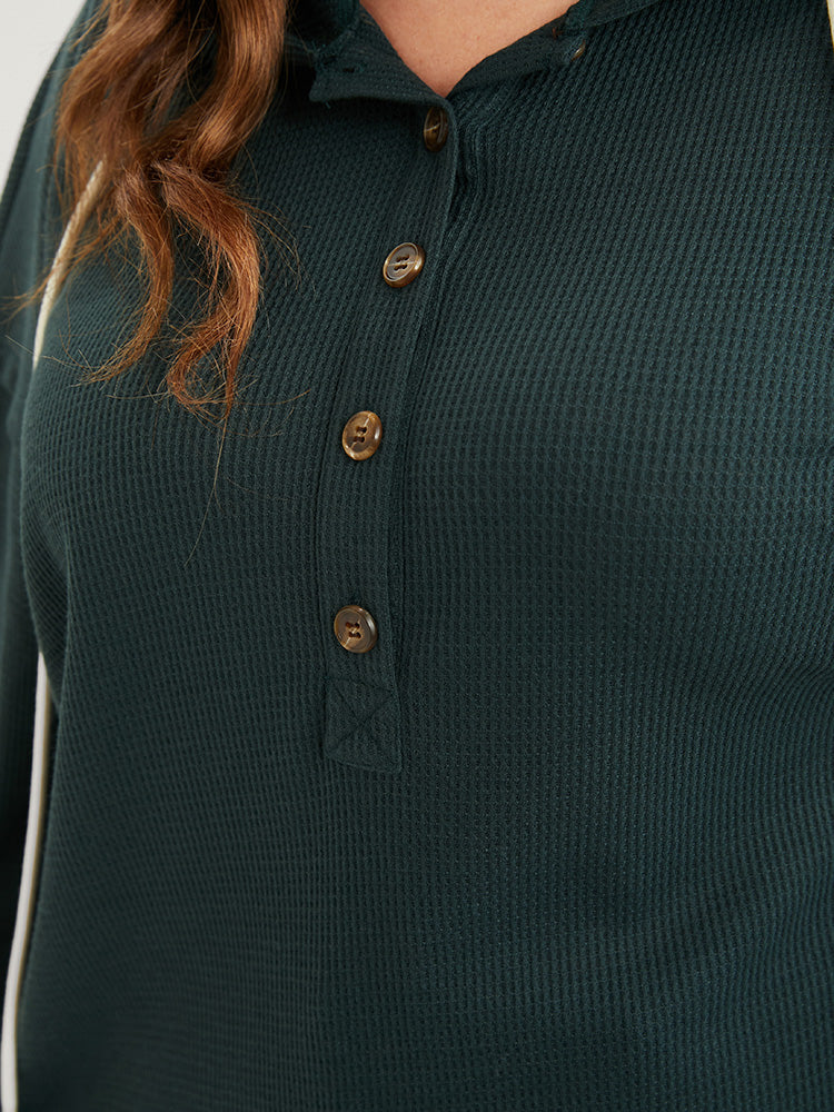 Solid Pocket Button Drawstring Waffle Knit Hooded Sweatshirt