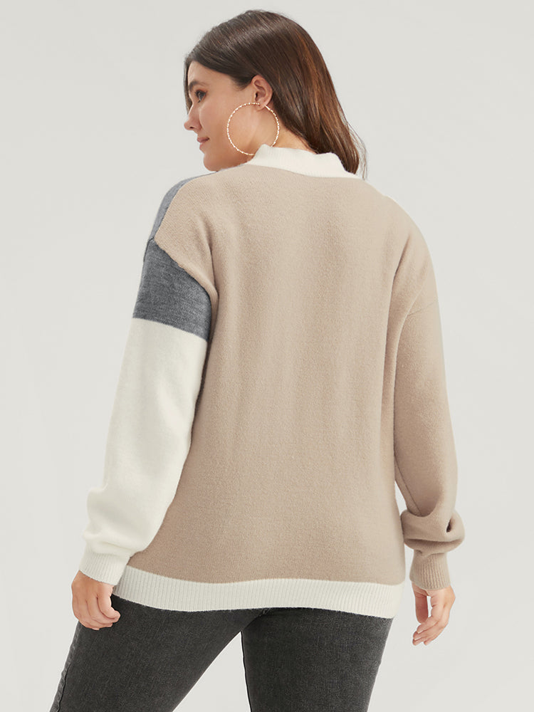 Colorblock Contrast Pointelle Knit Heather Mock Neck Knit Top