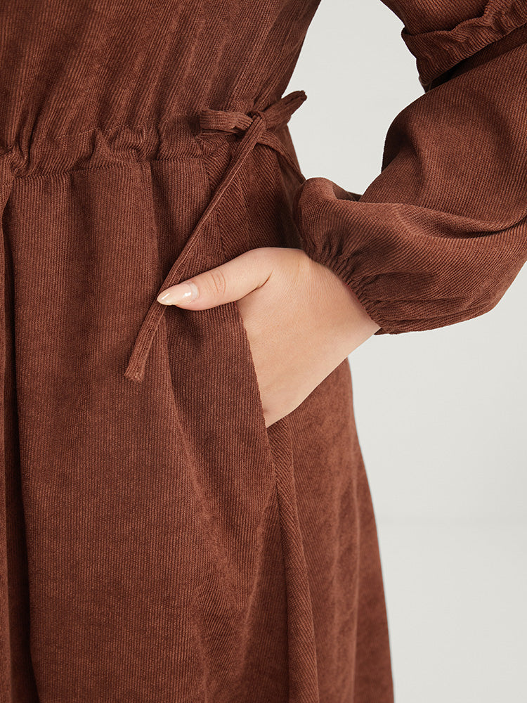 Solid Drawstring Pocket Button Detail Shirt Collar Corduroy Dress