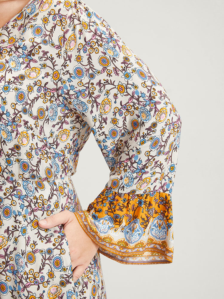 Floral V Neck Bell Sleeve Split Pocket Ruffles Maxi Dress