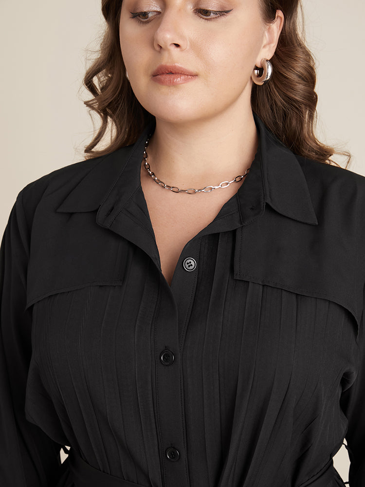 Solid Belted Pleated Shirt Collar Dress