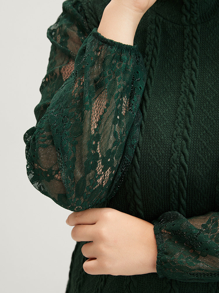 Solid Contrast Lace Cable Knit Long Tee