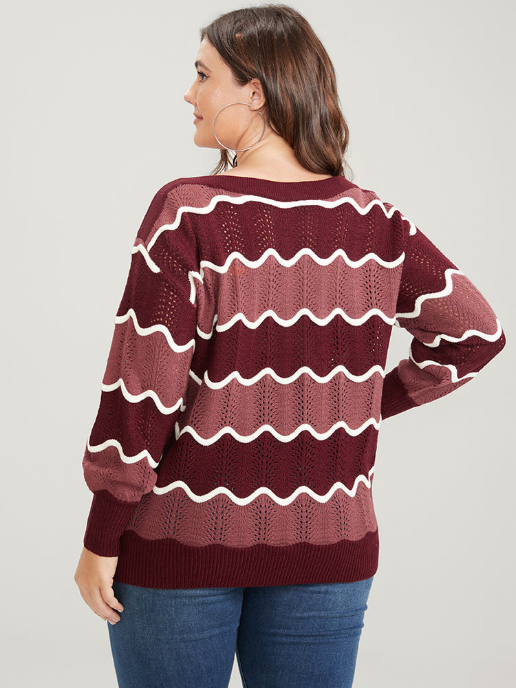 Colorblock Contrast Pointelle Knit Water Ripple Knit Top