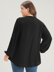 Solid  Button Lantern Sleeve Polka Dot Blouse