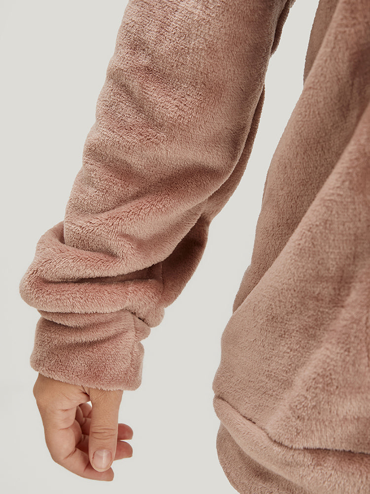 Solid Flannel Round Neck Plaid Pajama Set