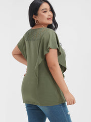 Solid Ruffled Crochet Lace Round Neck T-shirt