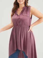 Solid Gathered Button High Low Hem Fake Pocket Tank Top