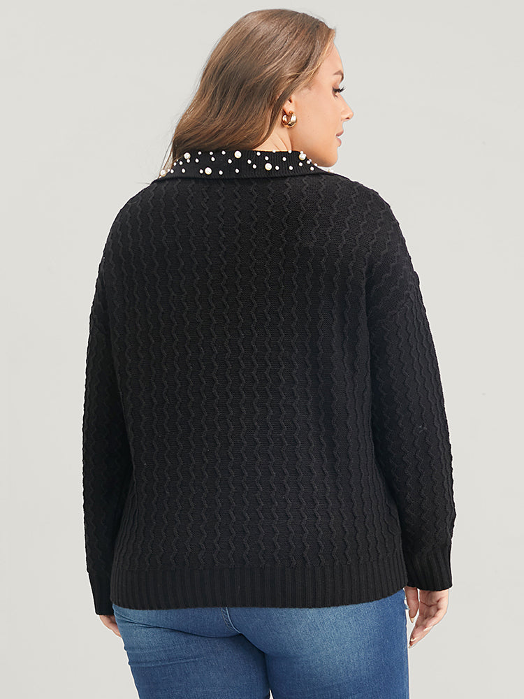 Solid Pointelle Knit Pearls Beaded Collar Neck Knit Top