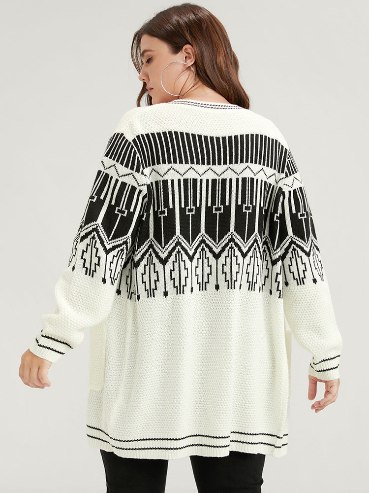 Geometric Knitted Jacquard Contrast Pocket Button Front Cardigan