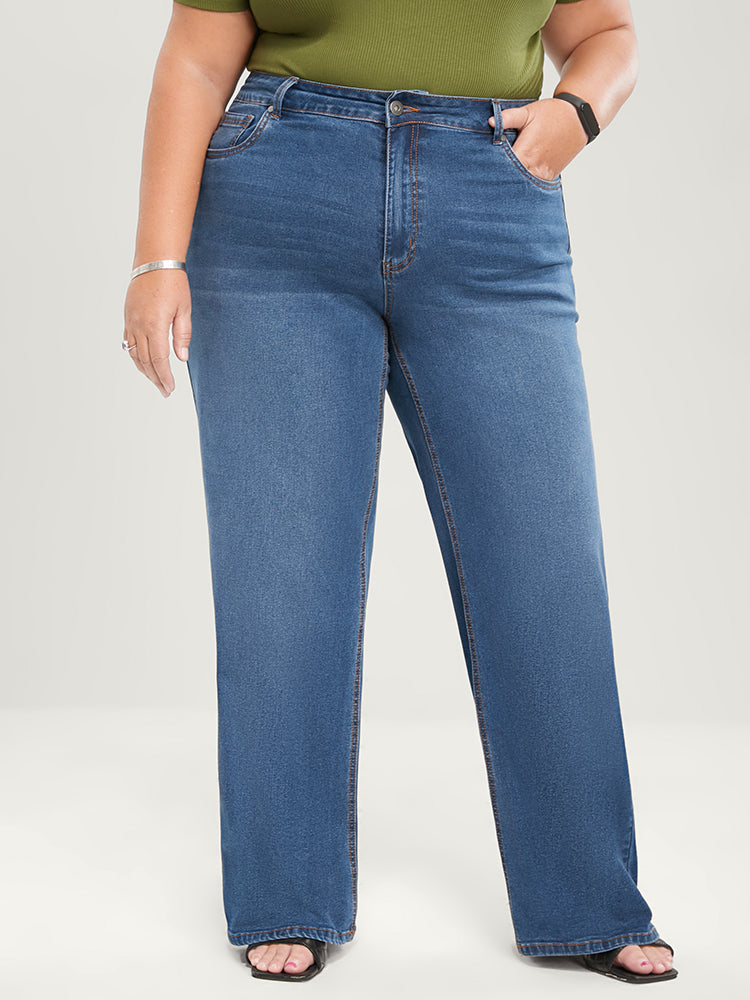 Wide Leg Moderately Stretchy High Rise Medium Wash Jeans