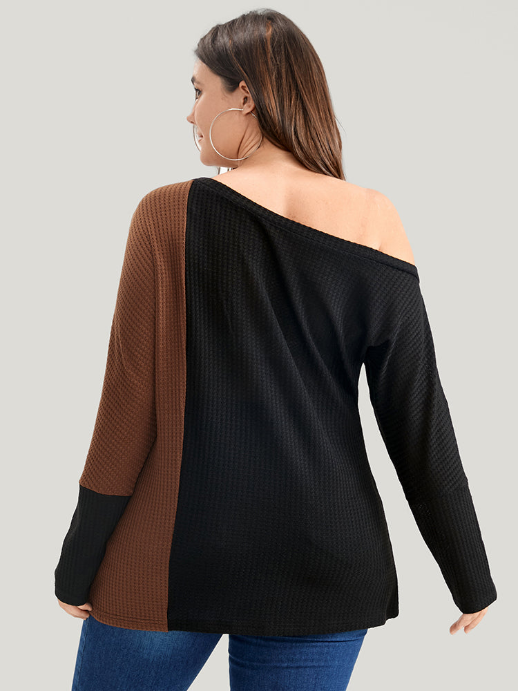 Colorblock Contrast Waffle Knit  One Shoulder Long Tee