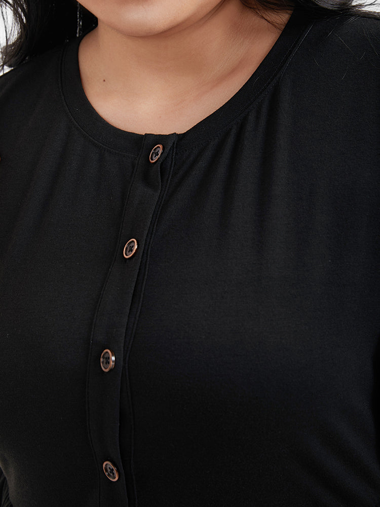 Solid Ruffles Button Round Neck T-shirt