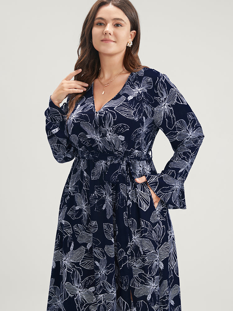 Floral Print Belted Pocket Split Hem Wrap Dress