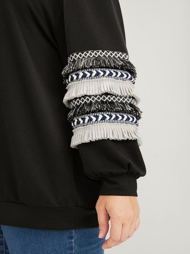 Plain Geometric Tape Fringe Trim Drop Shoulder Sweatshirt