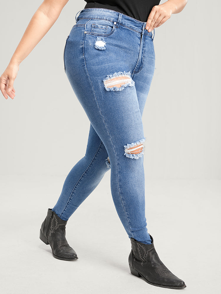 Skinny Very Stretchy High Rise Asymmetrical Distressed Jeans