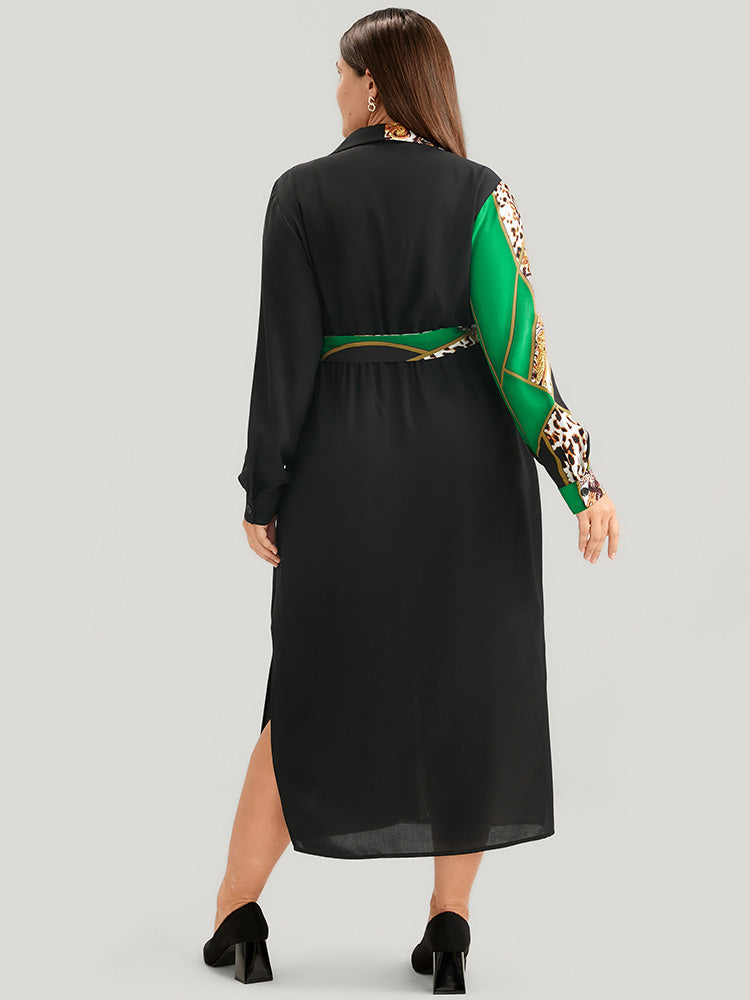 Chain Print Shirt Collar Pocket Split Belted Button Up Dress