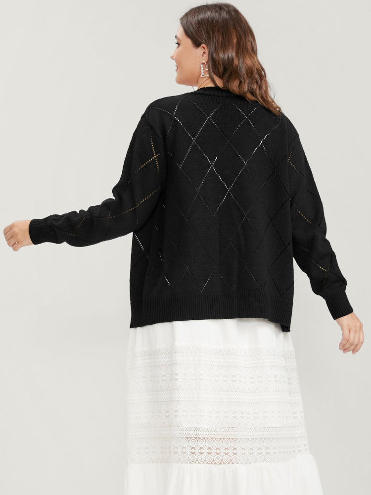 Solid Pointelle Knit Pearl Beaded Crochet Button Front Cardigan