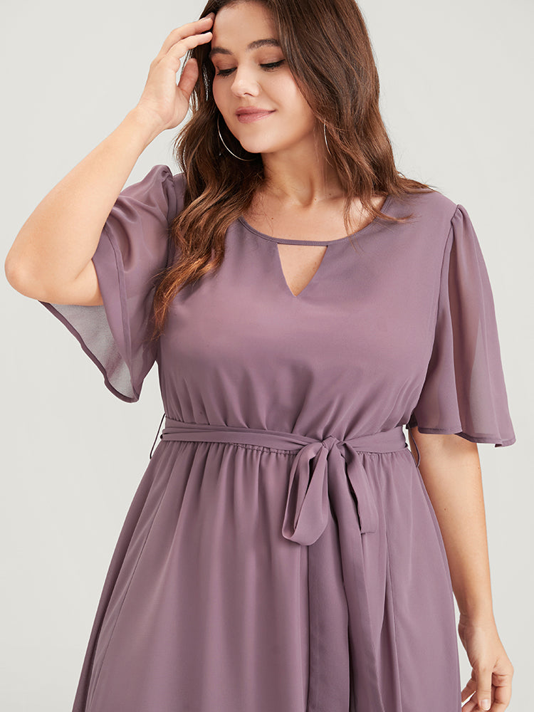 Solid Keyhole Neck Ruffle Asymmetrical Hem Belted Maxi Dress