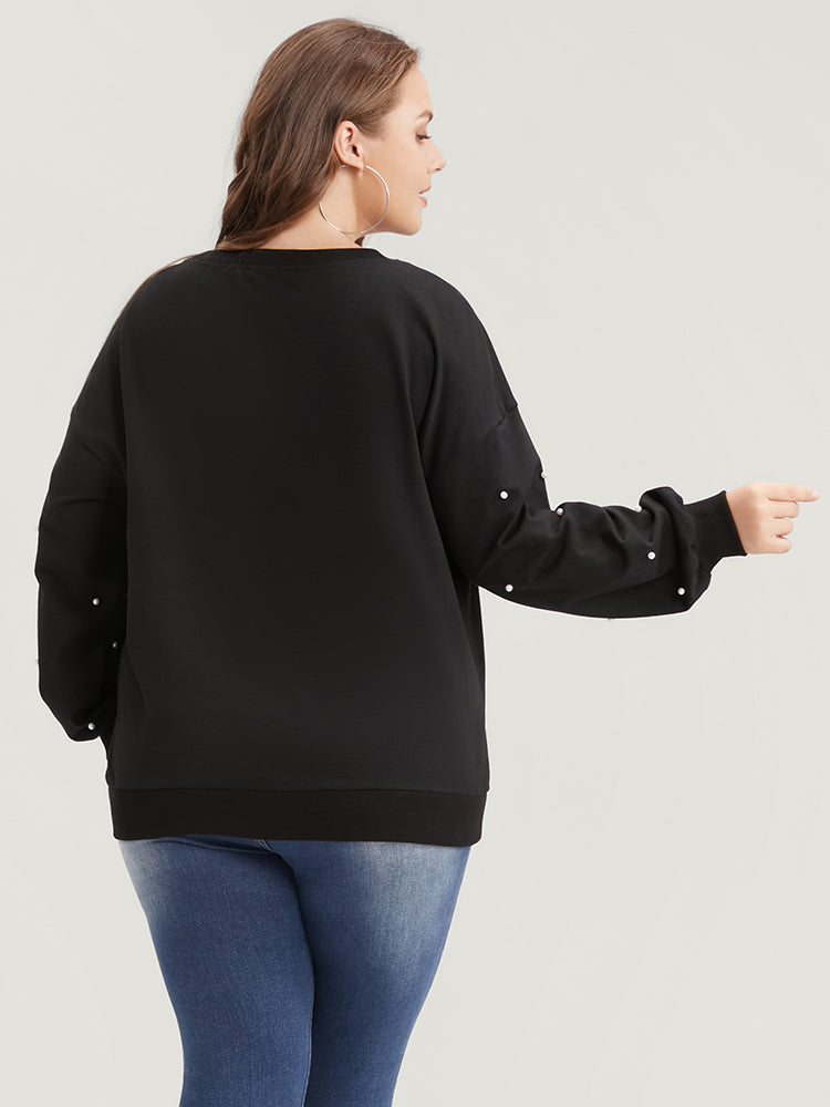 Solid Pearl Beaded Drop Shoulder Sweatshirt