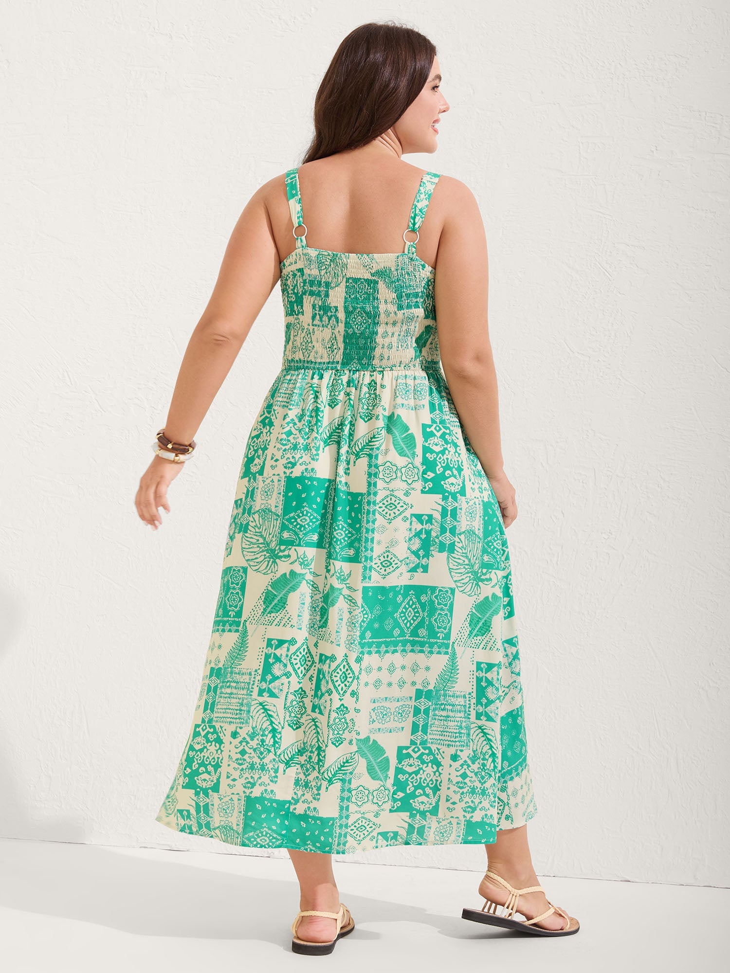 Shirred Bodice Holiday Print Midi Dress
