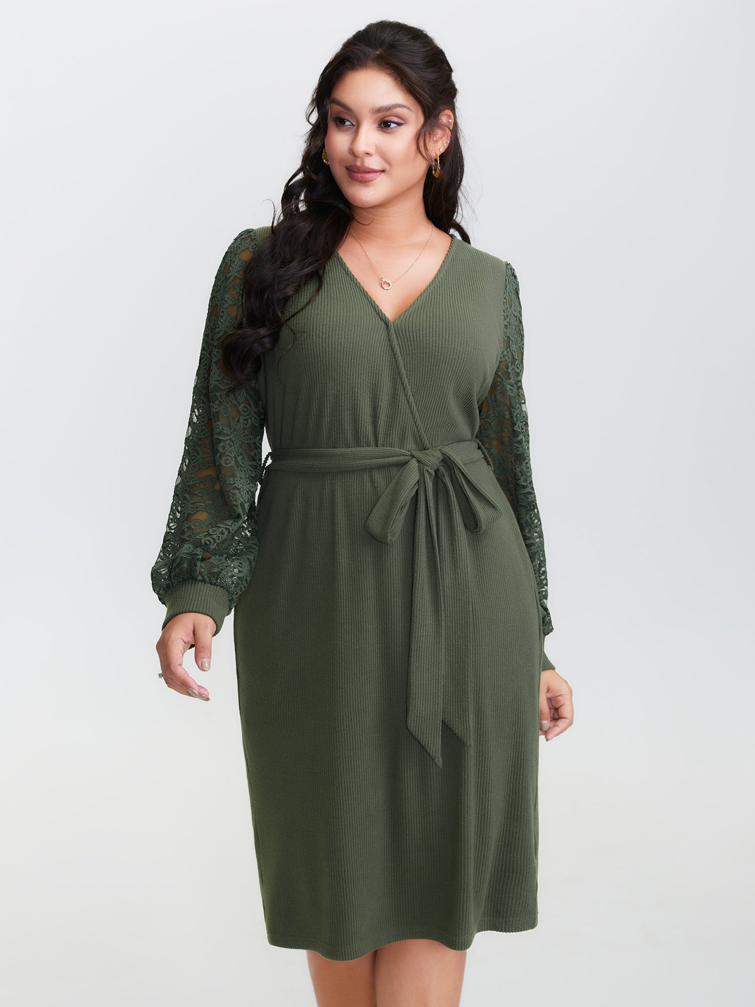 Sheer Lace Cozy Belted Waist Midi Dress