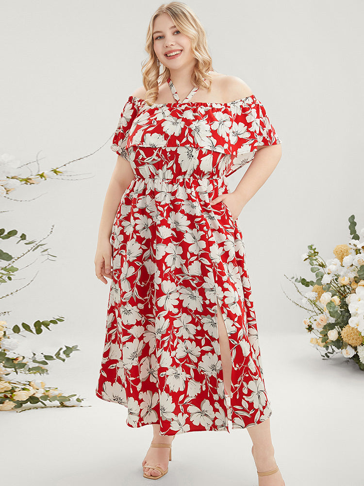 Floral Print Pocket Ruffles Trim Split Halter Maxi Dress