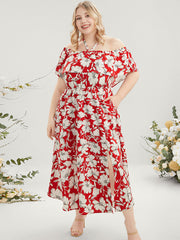 Floral Print Pocket Ruffles Trim Split Halter Maxi Dress