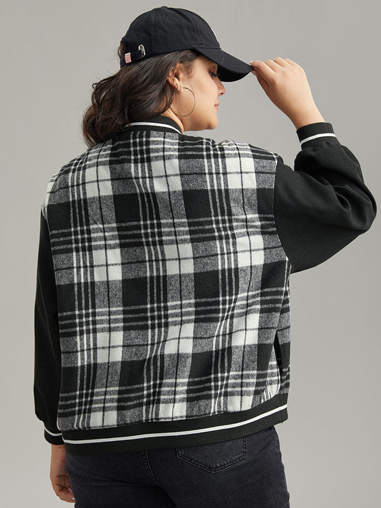 Plaid Button Through Pocket Baseball Collar Bomber Jacket