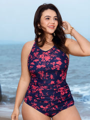 Floral Print Round Neck Shirred Swim Top