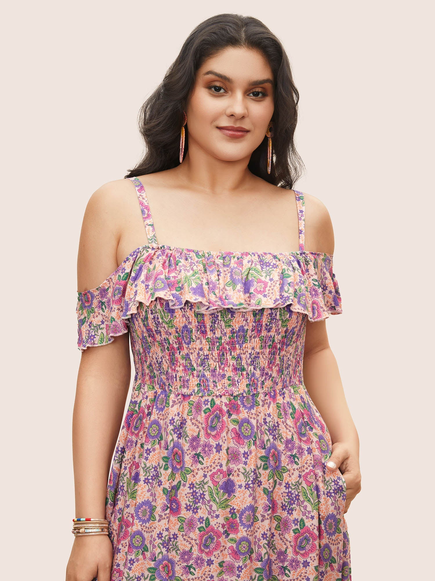 Floral Cold Shoulder Ruffles Shirred Dress
