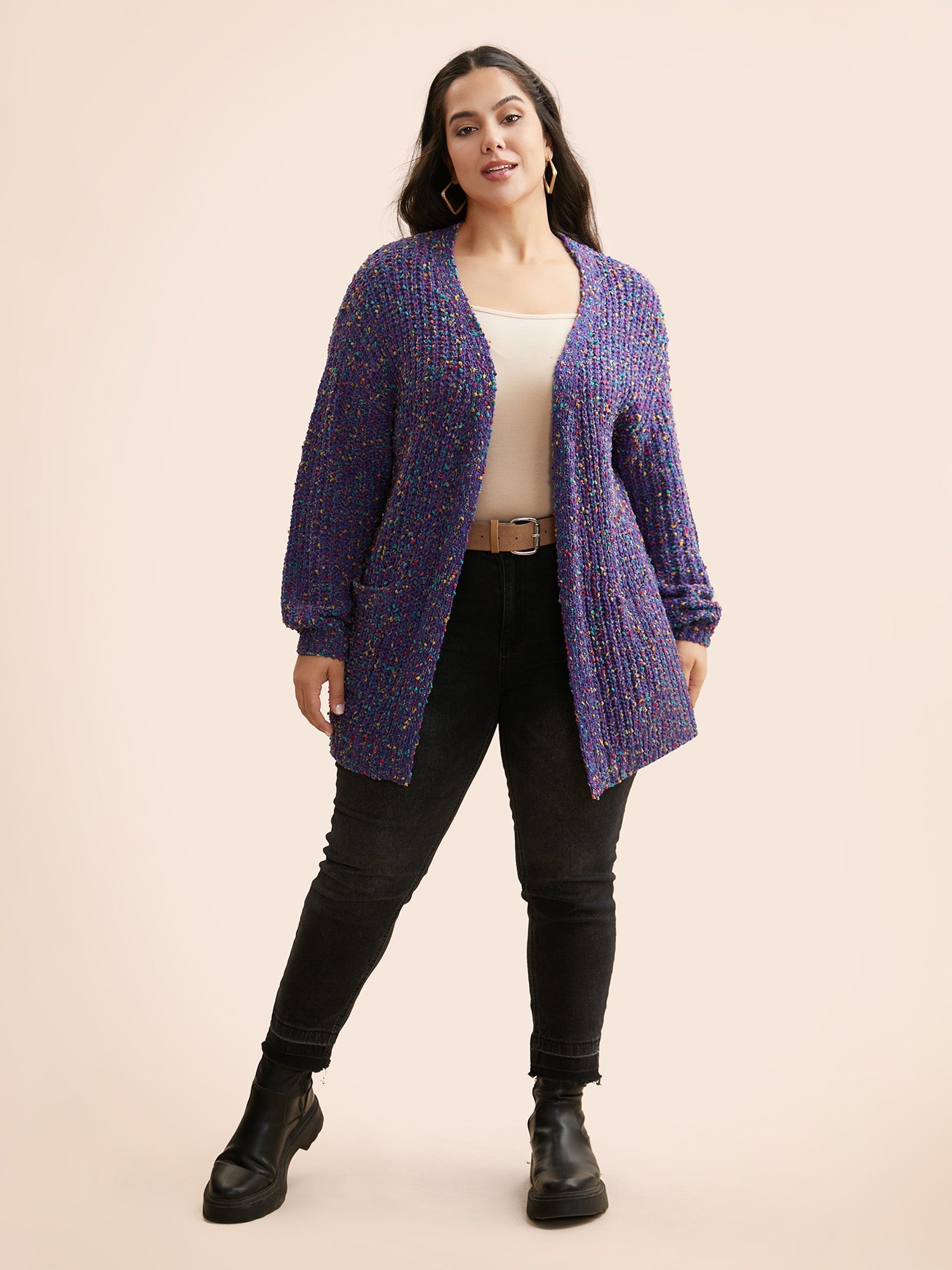 Heather Patched Pocket Drop Shoulder Cardigan