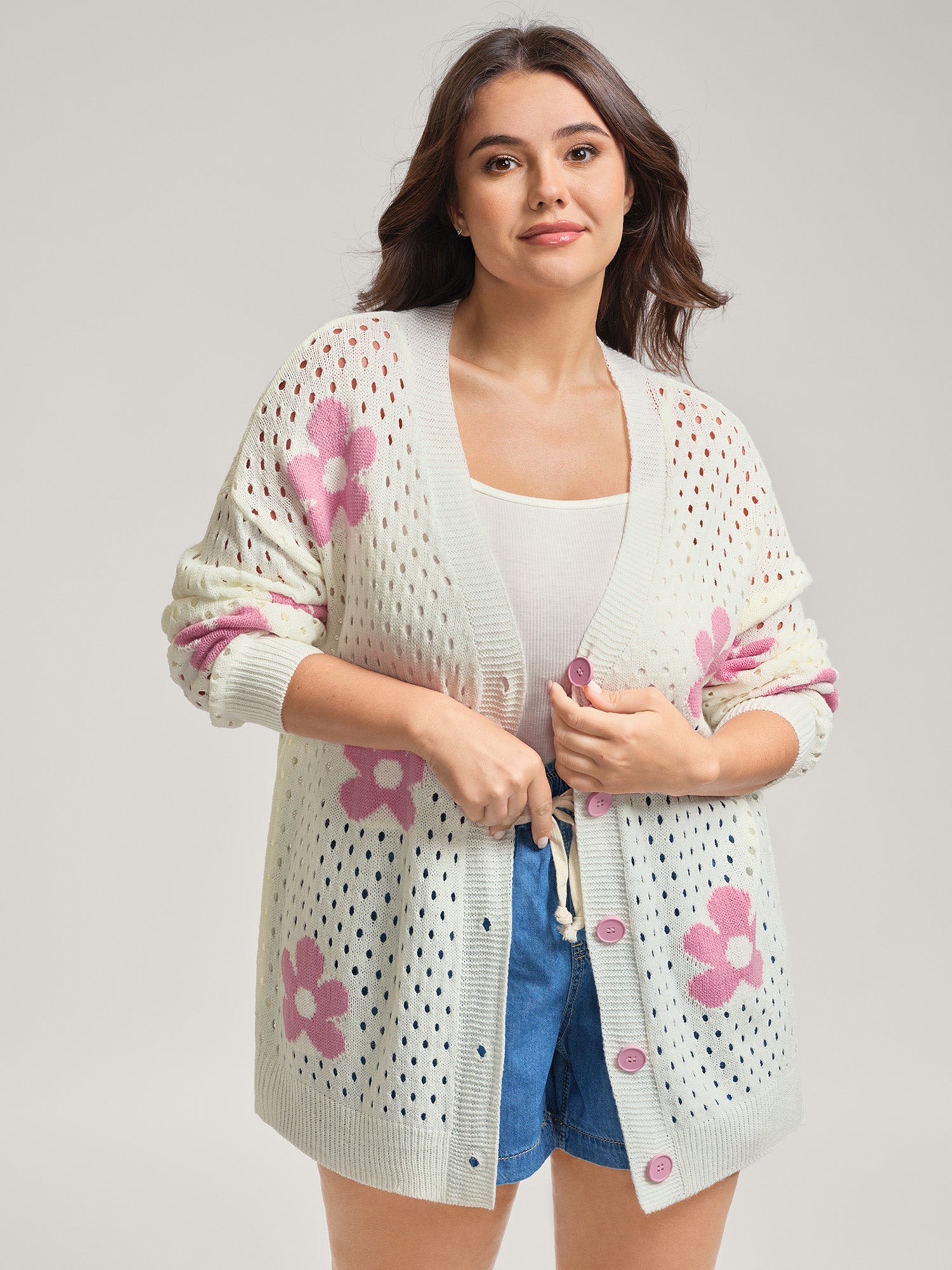 Floral Cut-Out Textured Knit Cardigan