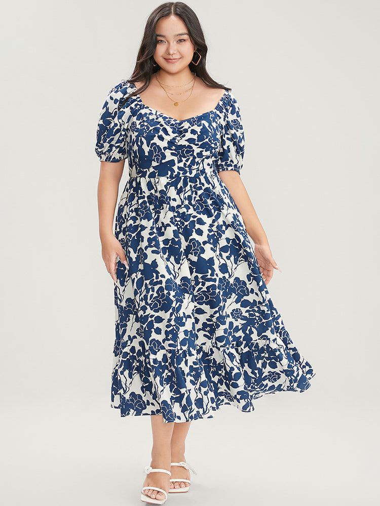 Floral Print Pocket Puff Sleeve Ruched Pocket Ruffle Hem Dress