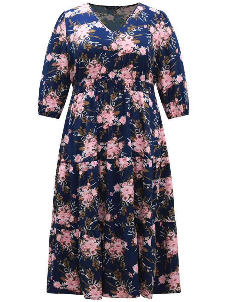Floral Print Shirred Elastic Cuffs Dress