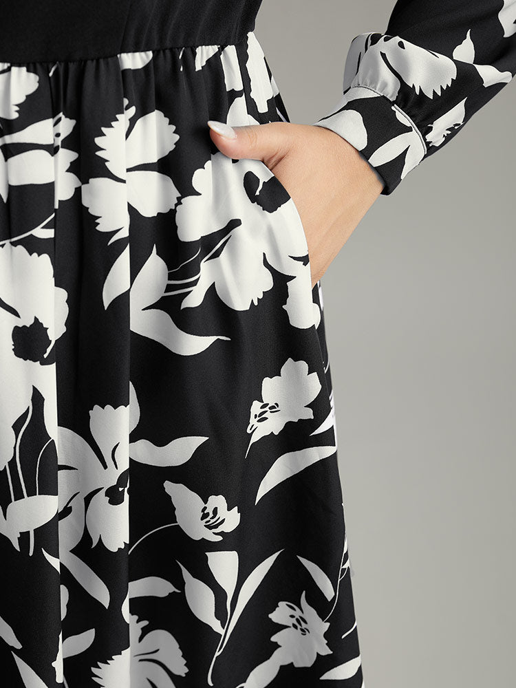 Silhouette Floral Print Patchwork Ruffle Hem Dress