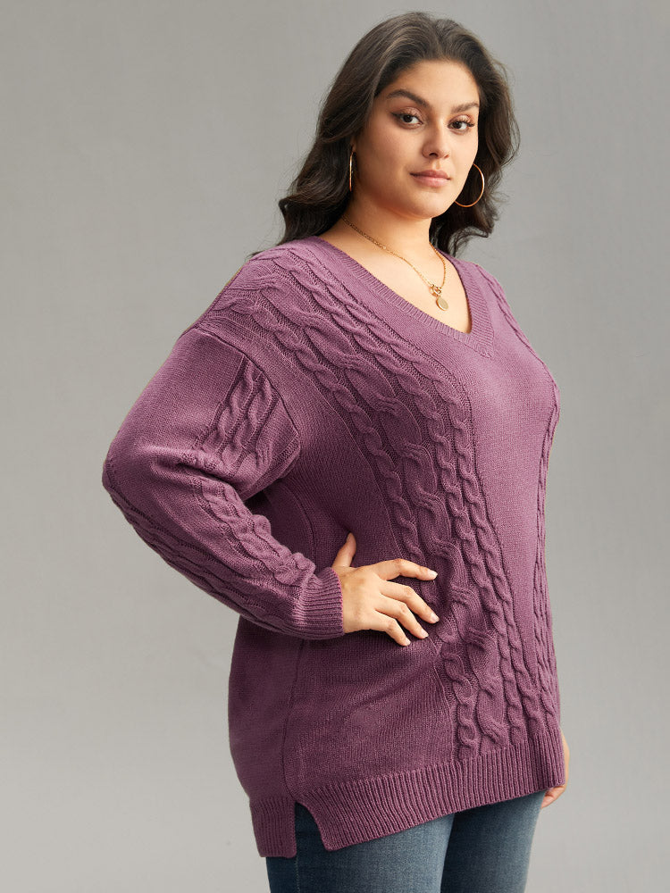 Solid Cable Knit V Neck Split Side Pullover