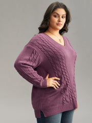 Solid Cable Knit V Neck Split Side Pullover