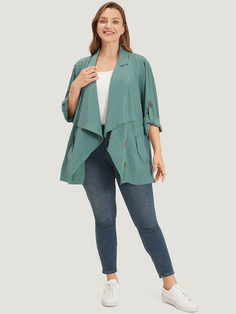 Solid Pocket Asymmetrical Neck Roll Tab Sleeve Jacket