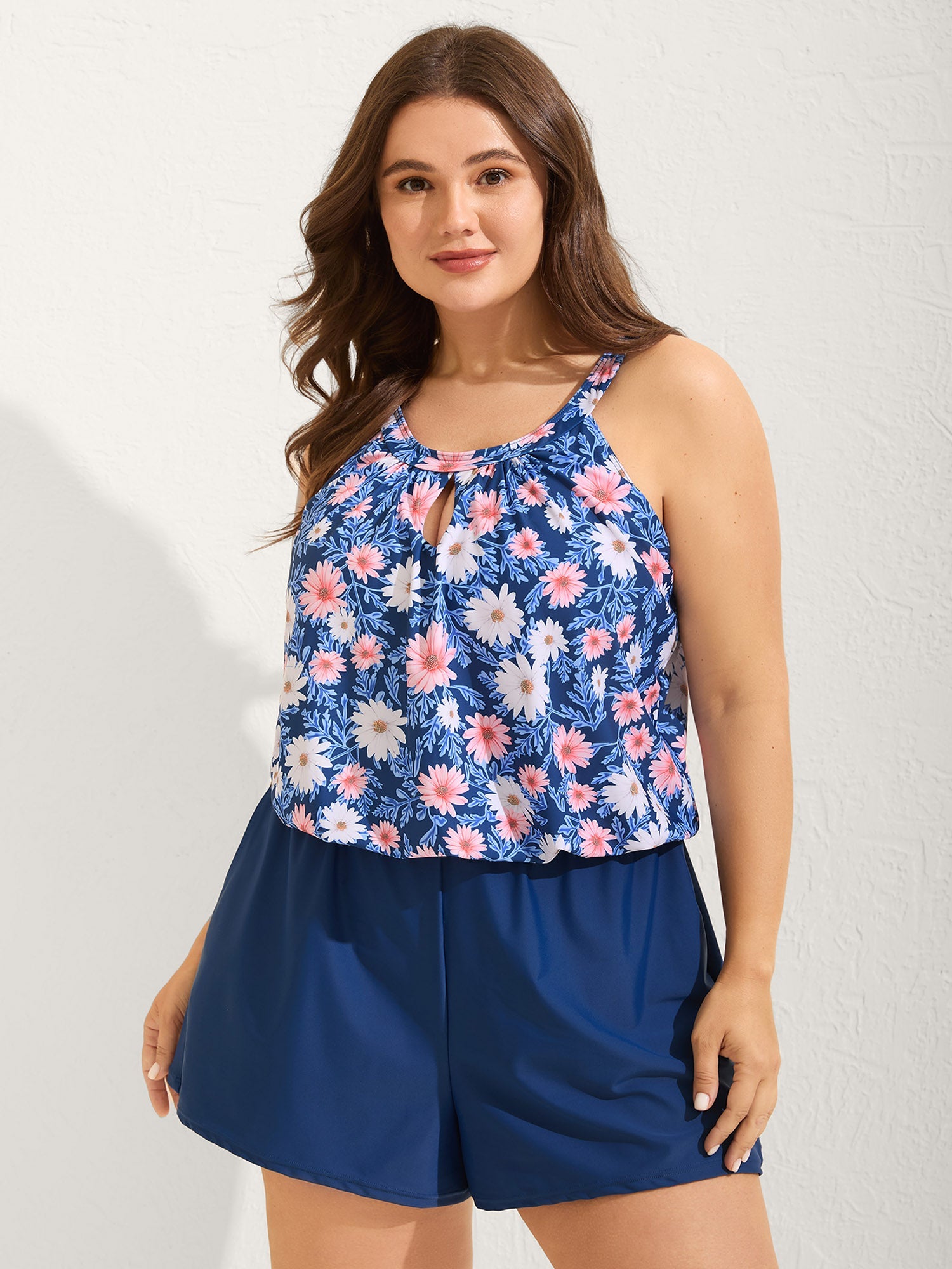 Floral Print Keyhole Pockets Swim Romper