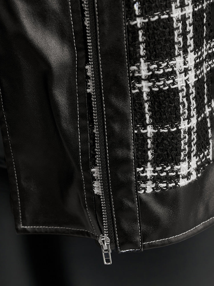 Plaid PU Patchwork Zipper Fly Jacket