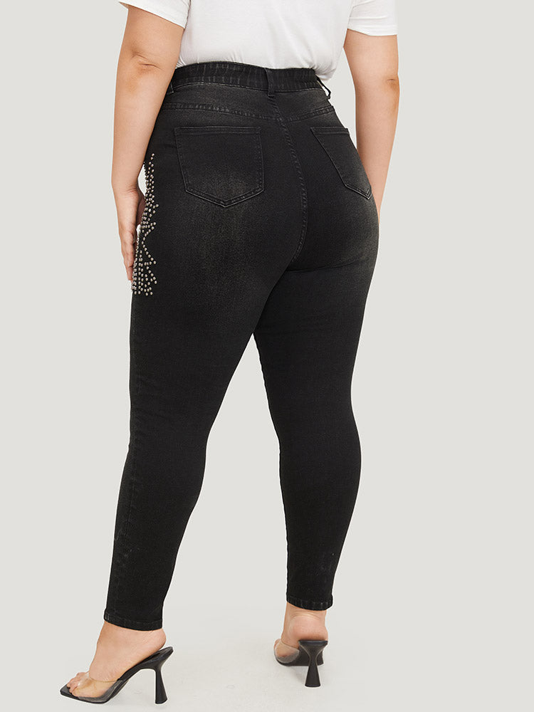 Beaded Detail Pocket Very Stretchy Black Wash Jeans