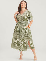 Floral Print Ruffles V Neck Shirred Pocket Split Hem Dress