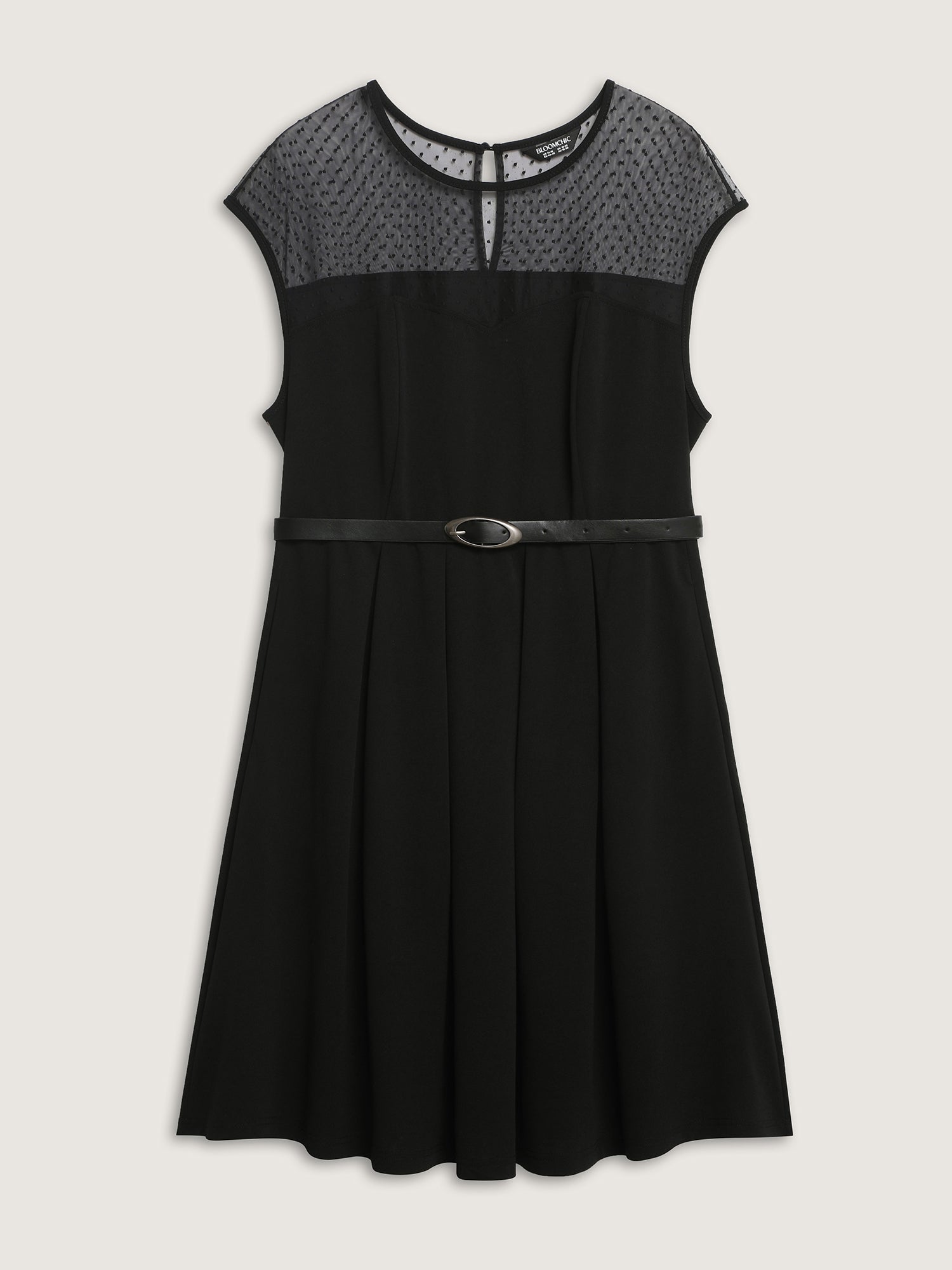 Sheer Polka Dots Neckline Belted Midi Dress