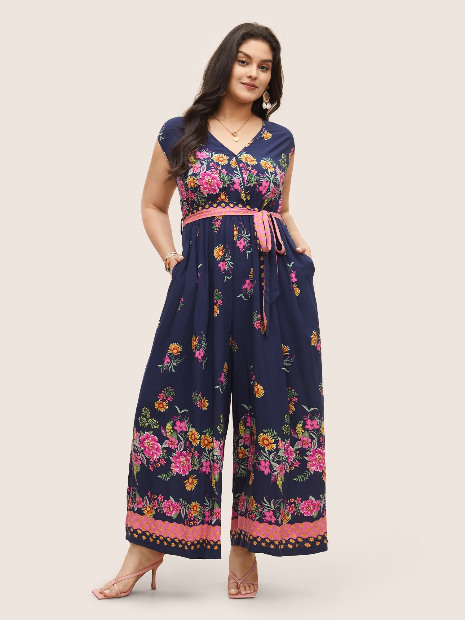 Boho Print Overlap Collar Belted Sleeveless Jumpsuit