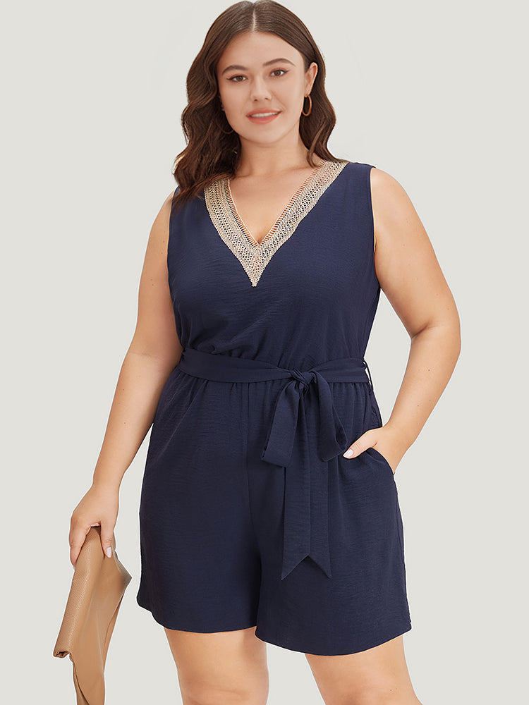 Solid Pocket Contrast Lace Belted Tank Romper