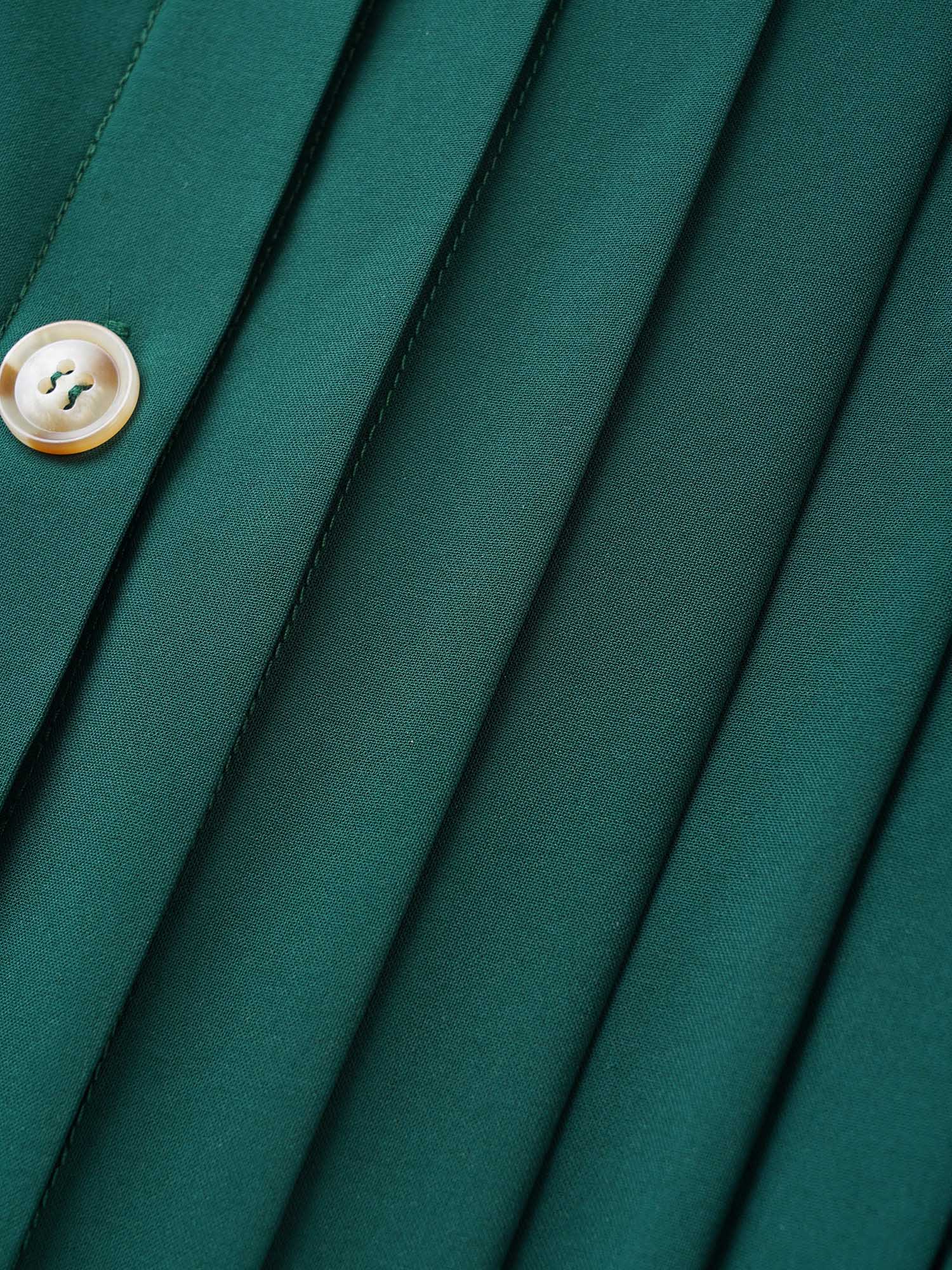 Shirt Collar Solid Pleated Ruffle Cap Sleeve Dress