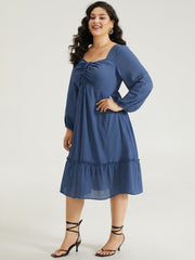 Solid Plisse Ties Frill Trim Ruched Dress