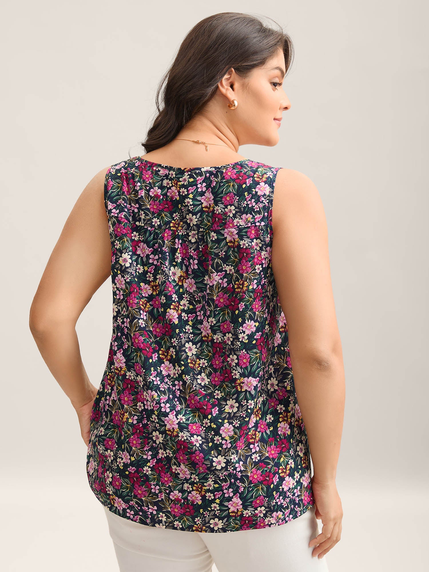 Floral Print Pleated Neck Tank Top