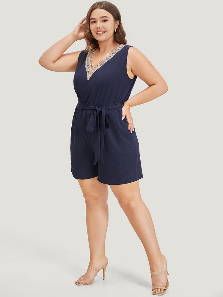 Solid Pocket Contrast Lace Belted Tank Romper