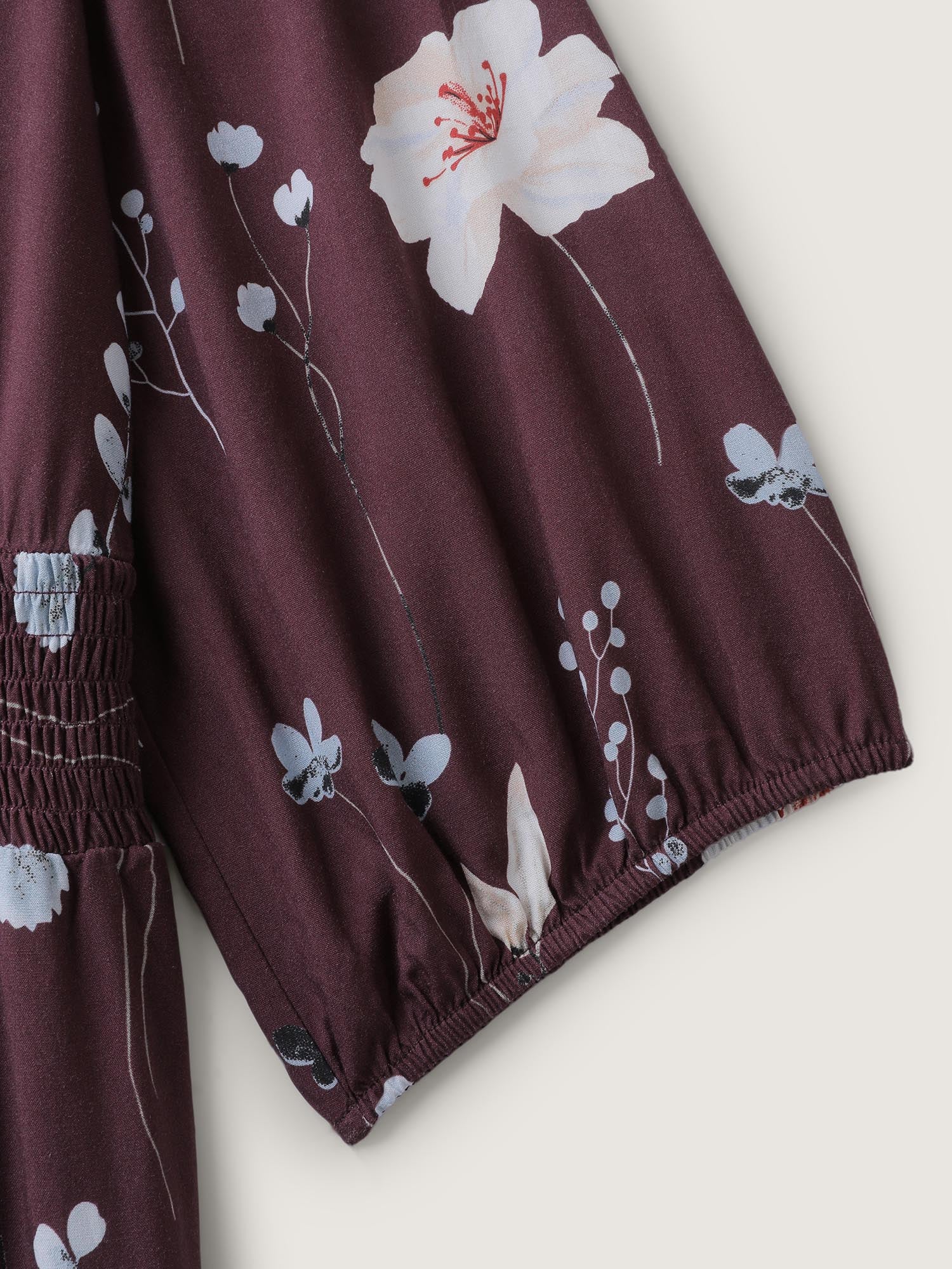 Floral Branch Print Shirred Waist Jumpsuit